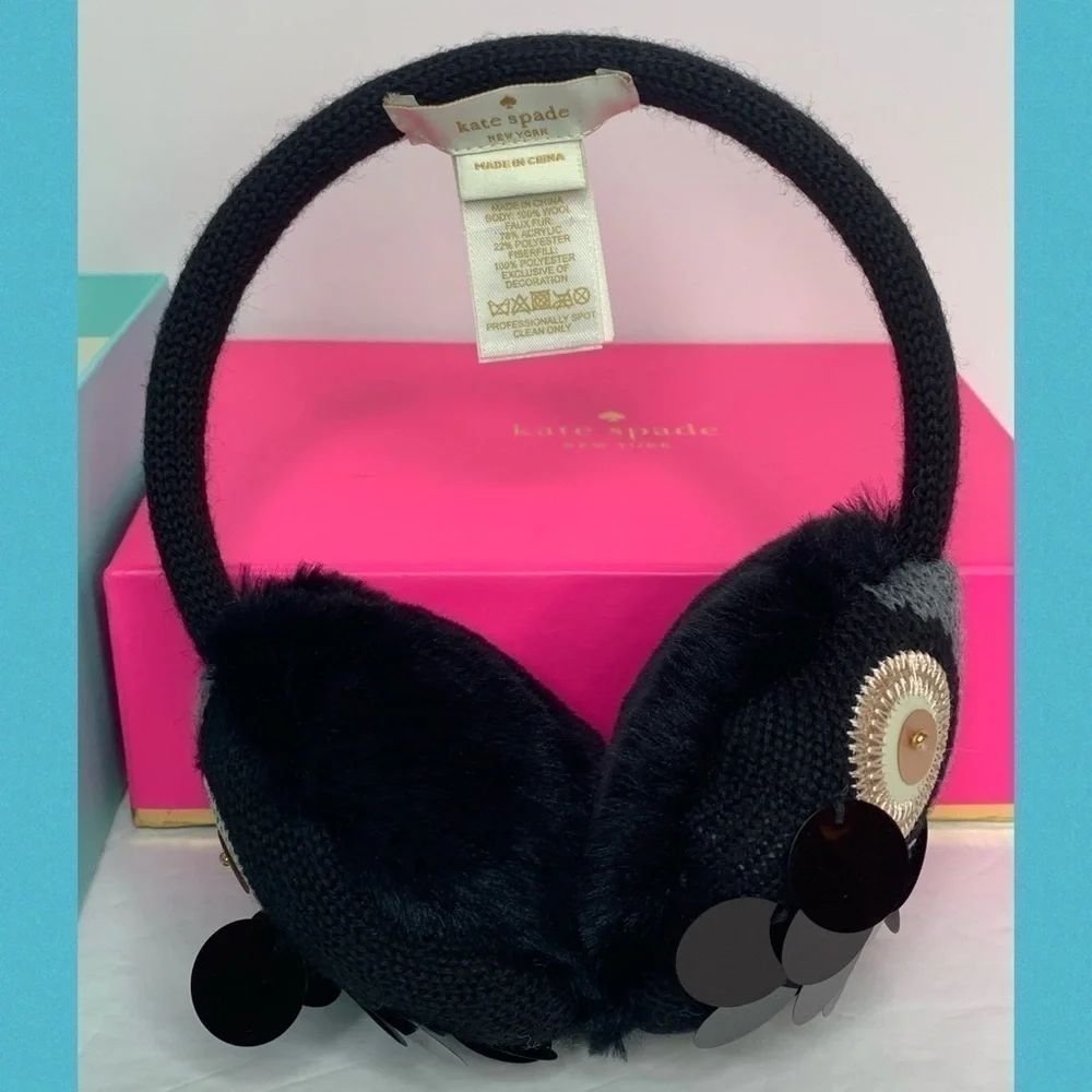 Kate Spade Owl Earmuffs in Box NWT Black Sequins